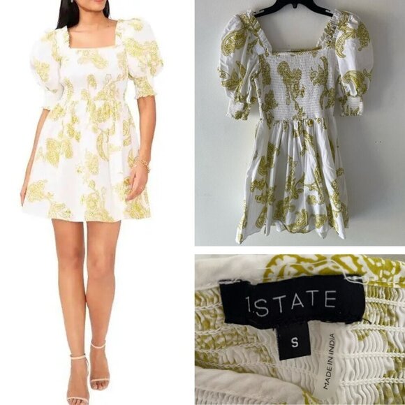 1. State Dresses & Skirts - 1. State White Green Paisley Print Puff Sleeve Smocked Mini Dress 37722